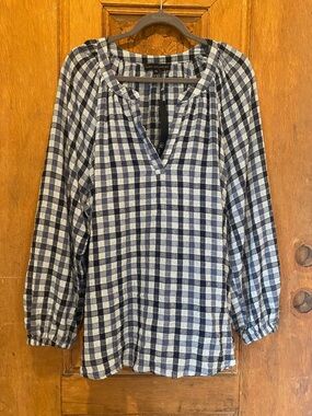 NWT Jane & Delaney gingham check blouse top blue balloon sleeve 2x XXL